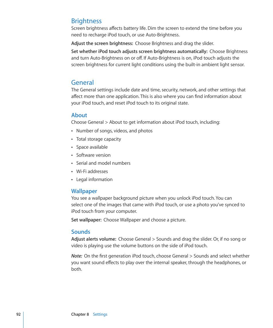 Brightness, General, 92 brightness 92 general | About, Wallpaper, Sounds | Apple iPod touch iOS 2.2 User Manual | Page 92 / 122
