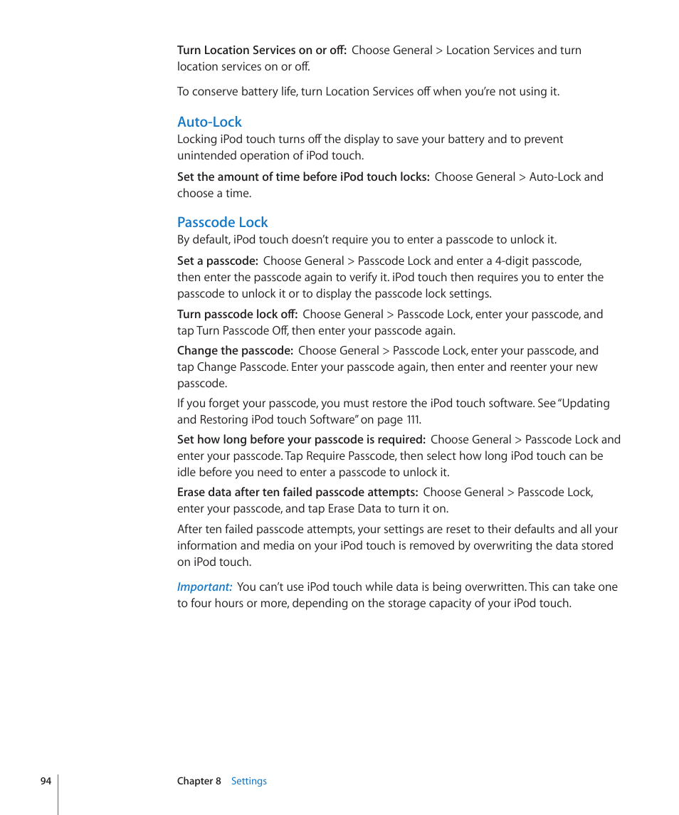 Auto-lock, Passcode lock | Apple iPod touch iOS 2.2 User Manual | Page 94 / 122