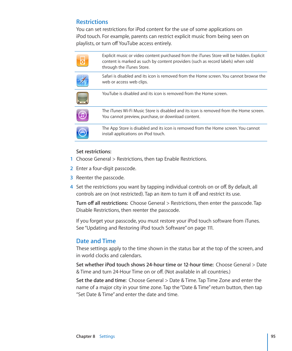 Date and time, Restrictions | Apple iPod touch iOS 2.2 User Manual | Page 95 / 122