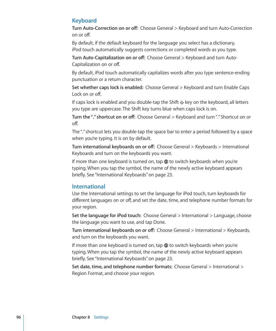 Keyboard, International | Apple iPod touch iOS 2.2 User Manual | Page 96 / 122