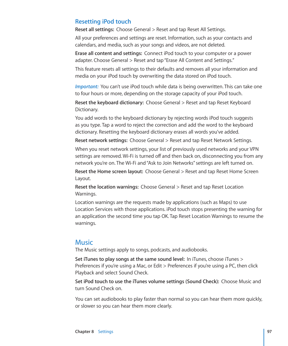 Music, 97 music, Resetting ipod touch | Apple iPod touch iOS 2.2 User Manual | Page 97 / 122