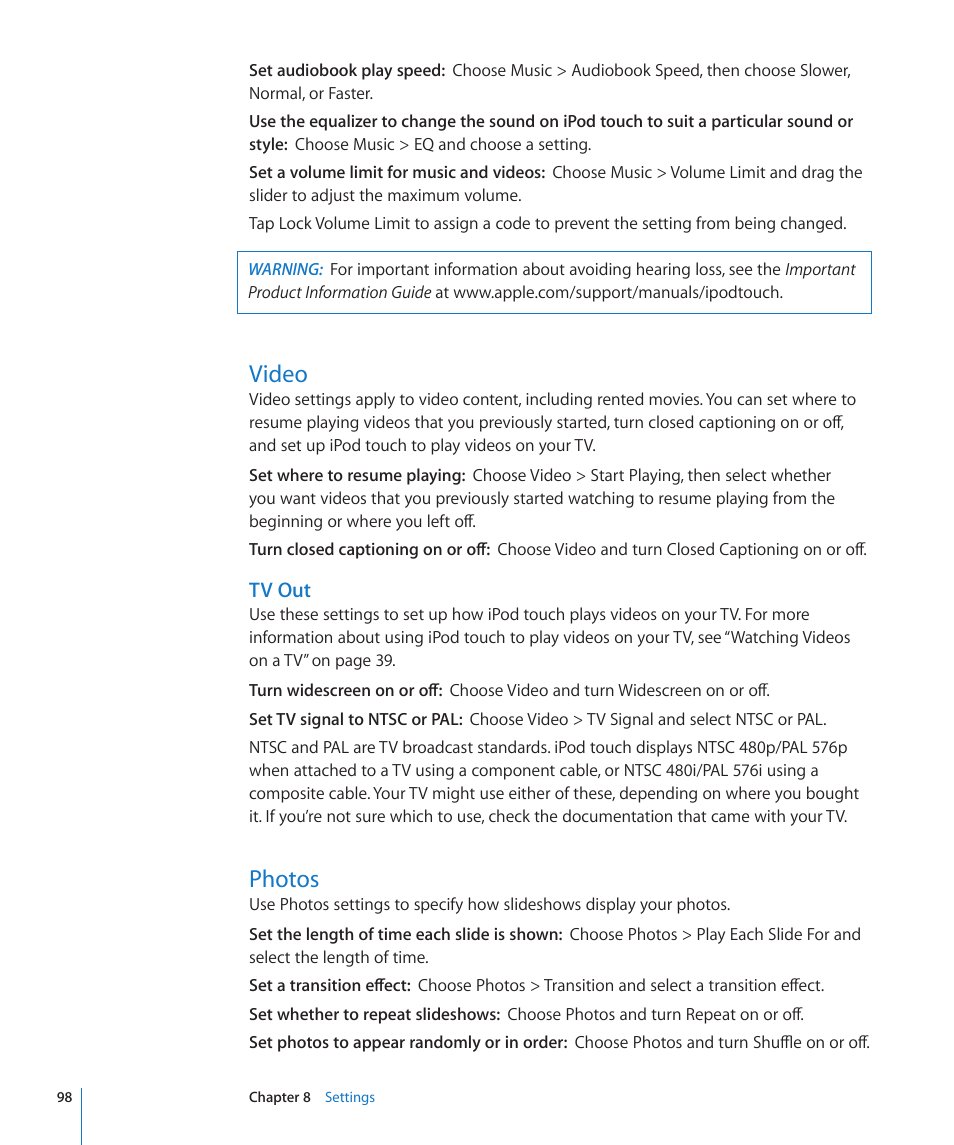 Video, Photos, 98 video 98 photos | Tv out | Apple iPod touch iOS 2.2 User Manual | Page 98 / 122
