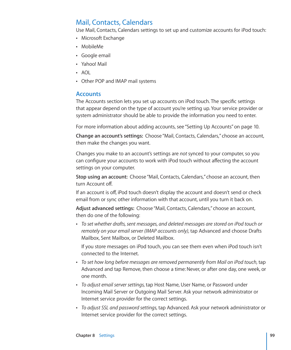 Mail, contacts, calendars, 99 mail, contacts, calendars, Accounts | Apple iPod touch iOS 2.2 User Manual | Page 99 / 122