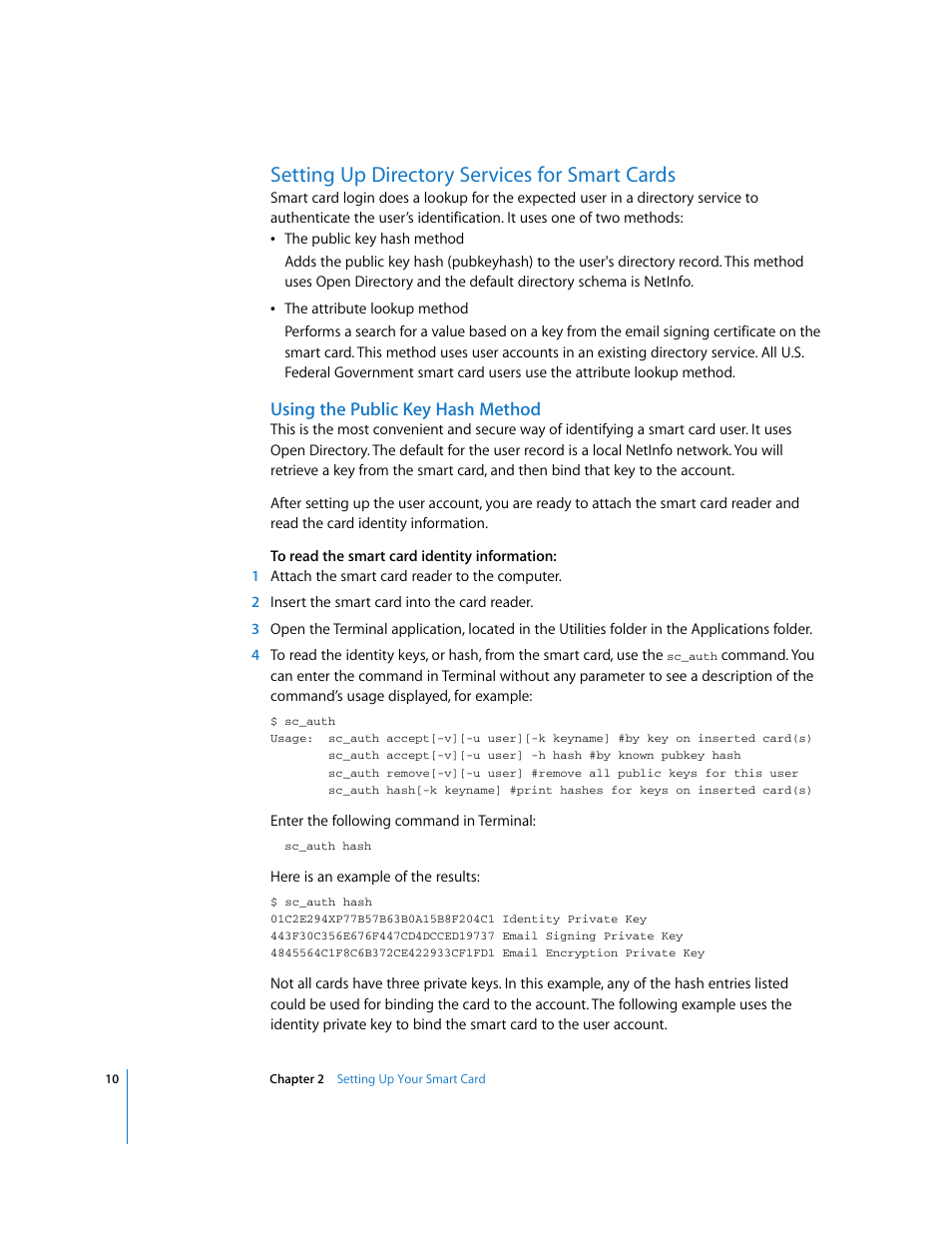 Setting up directory services for smart cards, Using the public key hash method | Apple Mac OS X v10.4 User Manual | Page 10 / 16
