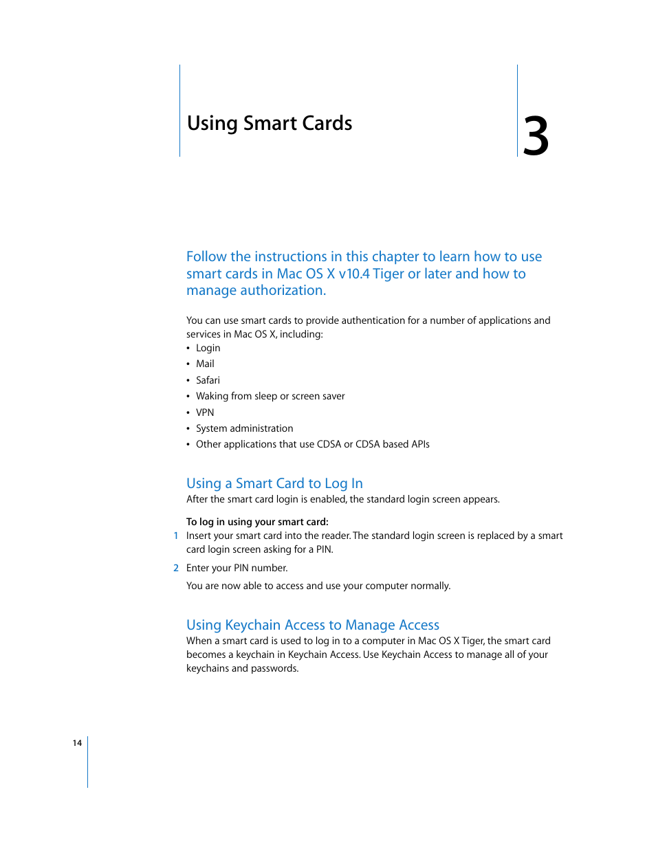 Using smart cards, Using a smart card to log in, Using keychain access to manage access | Chapter 3 | Apple Mac OS X v10.4 User Manual | Page 14 / 16