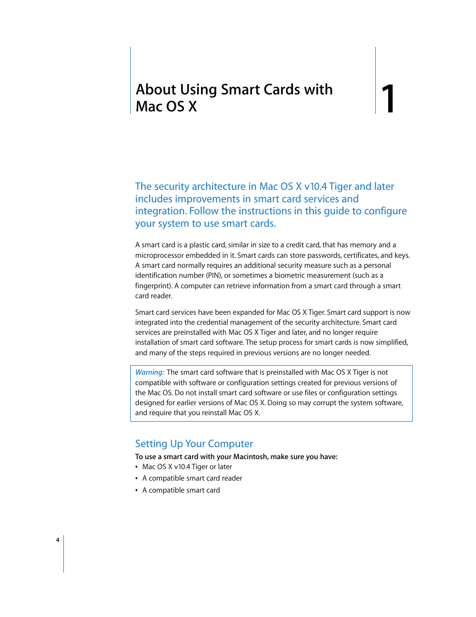 About using smart cards with macosx, Setting up your computer, Chapter 1 | About using smart cards with mac os x | Apple Mac OS X v10.4 User Manual | Page 4 / 16