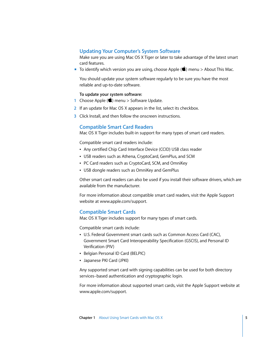 Updating your computer’s system software, Compatible smart card readers, Compatible smart cards | Apple Mac OS X v10.4 User Manual | Page 5 / 16