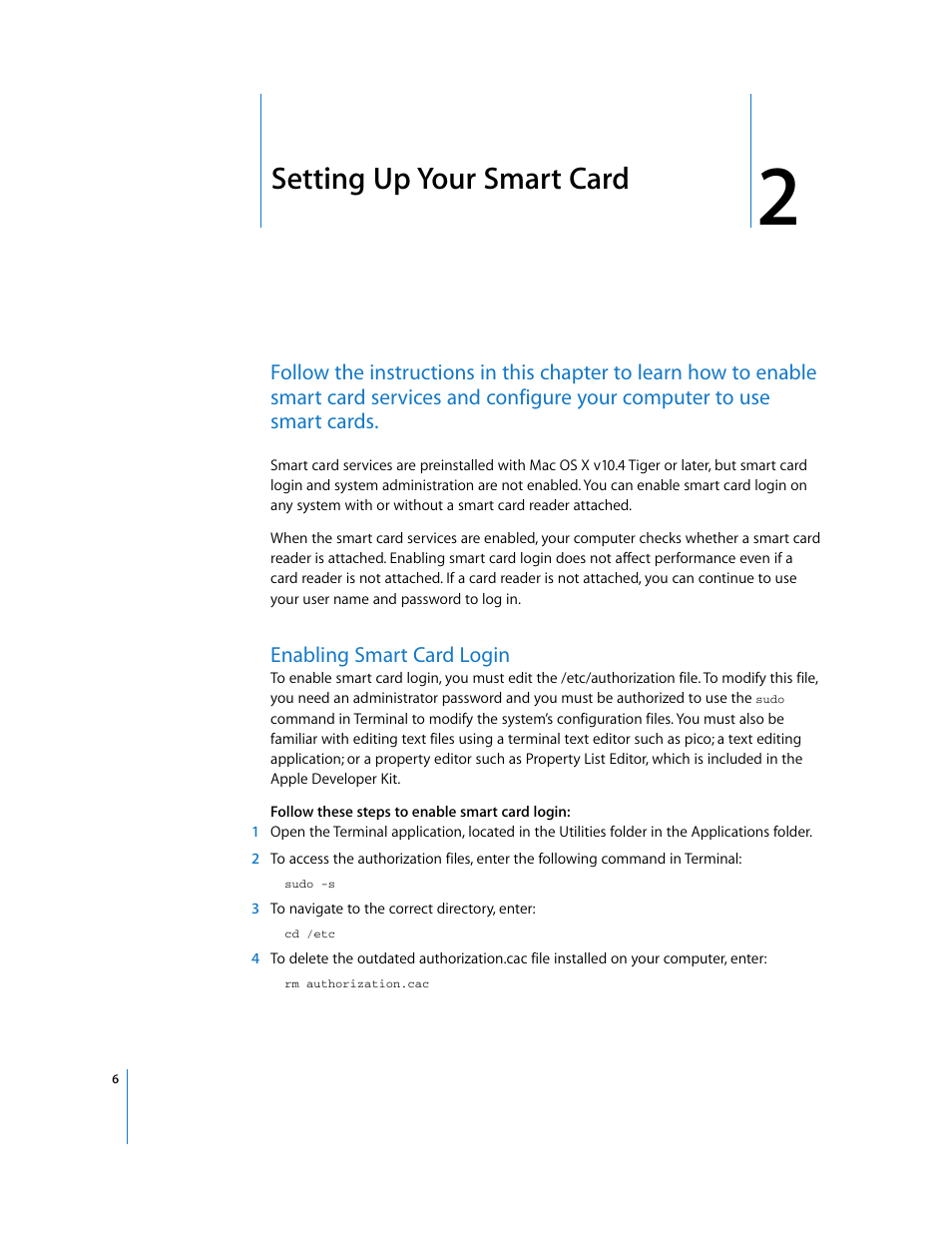 Setting up your smart card, Enabling smart card login, Chapter 2 | Apple Mac OS X v10.4 User Manual | Page 6 / 16