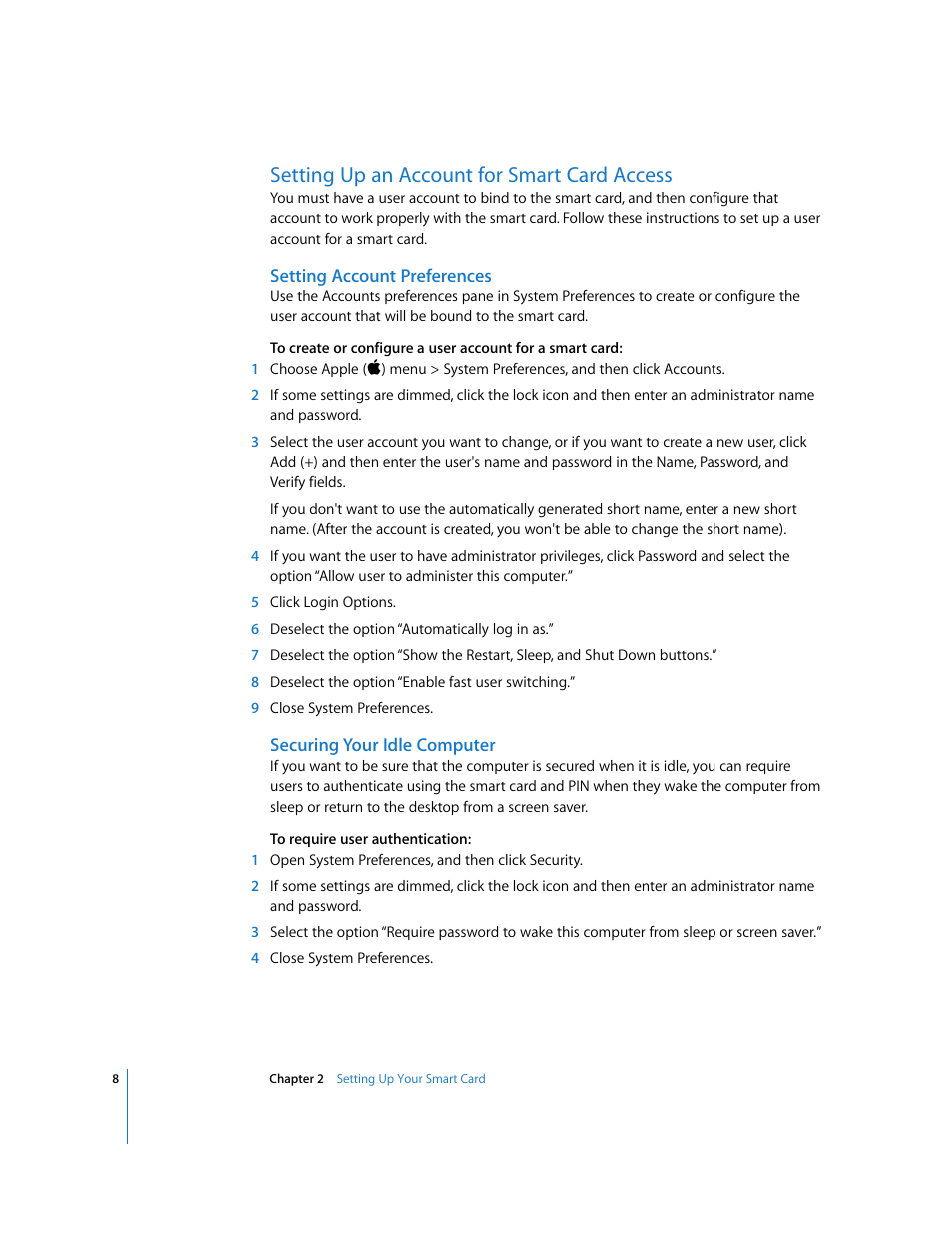 Setting up an account for smart card access, Setting account preferences, Securing your idle computer | Apple Mac OS X v10.4 User Manual | Page 8 / 16