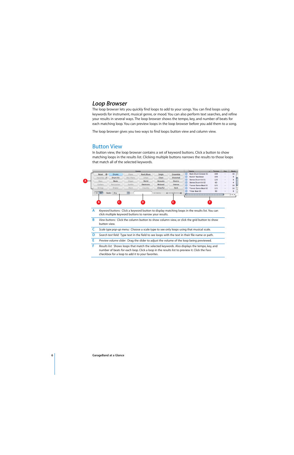 Loop browser, Button view | Apple GarageBand At A Glance User Manual | Page 6 / 9