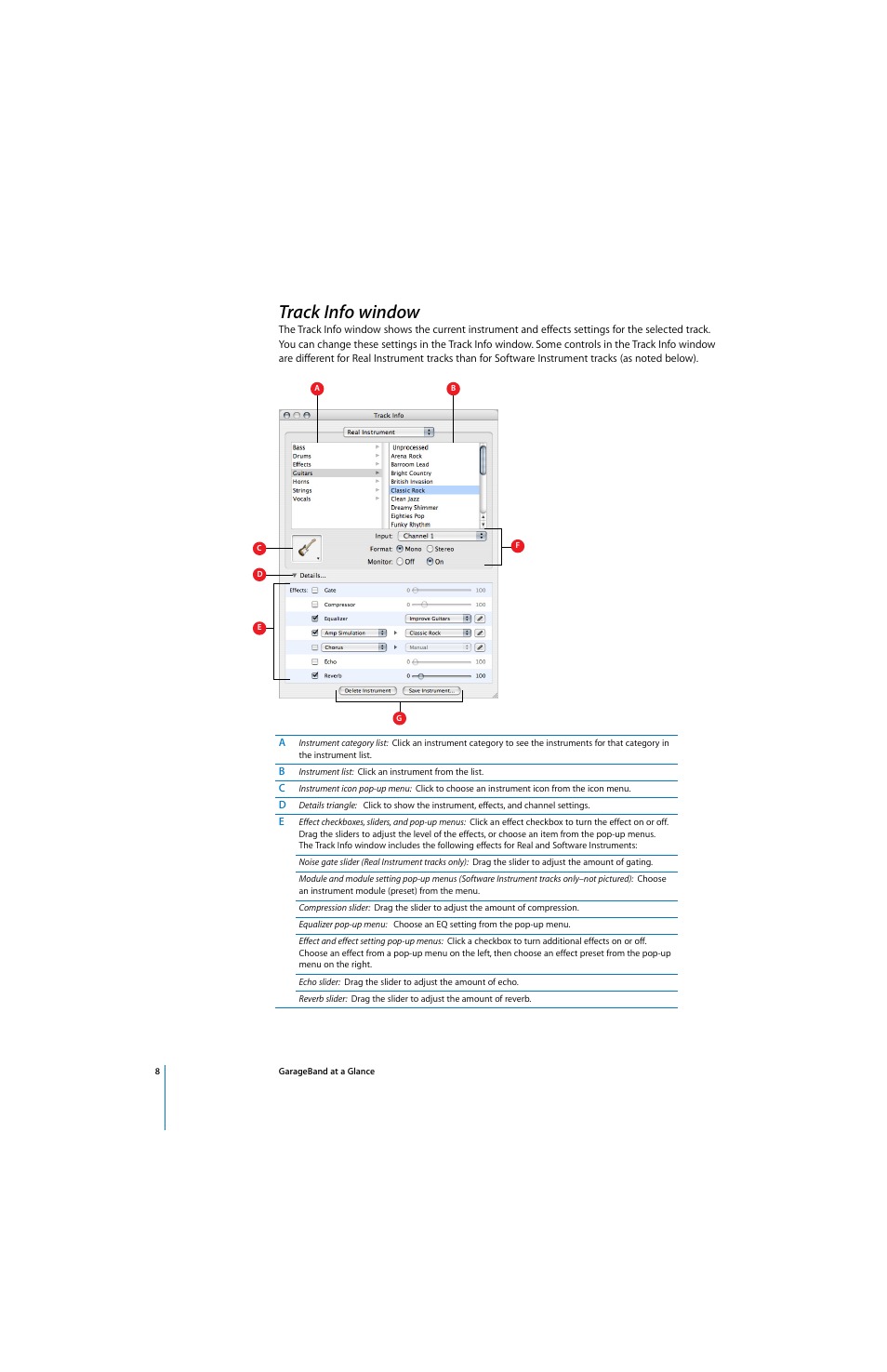 Track info window | Apple GarageBand At A Glance User Manual | Page 8 / 9