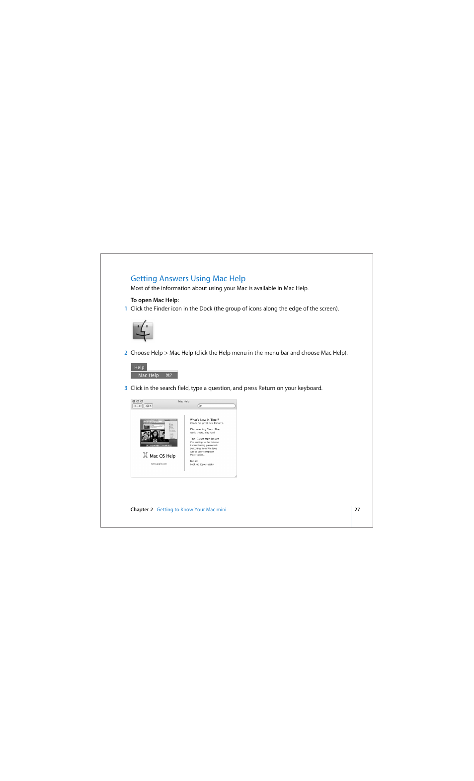 Getting answers using mac help | Apple Mac mini (Early 2006) User Manual | Page 27 / 96