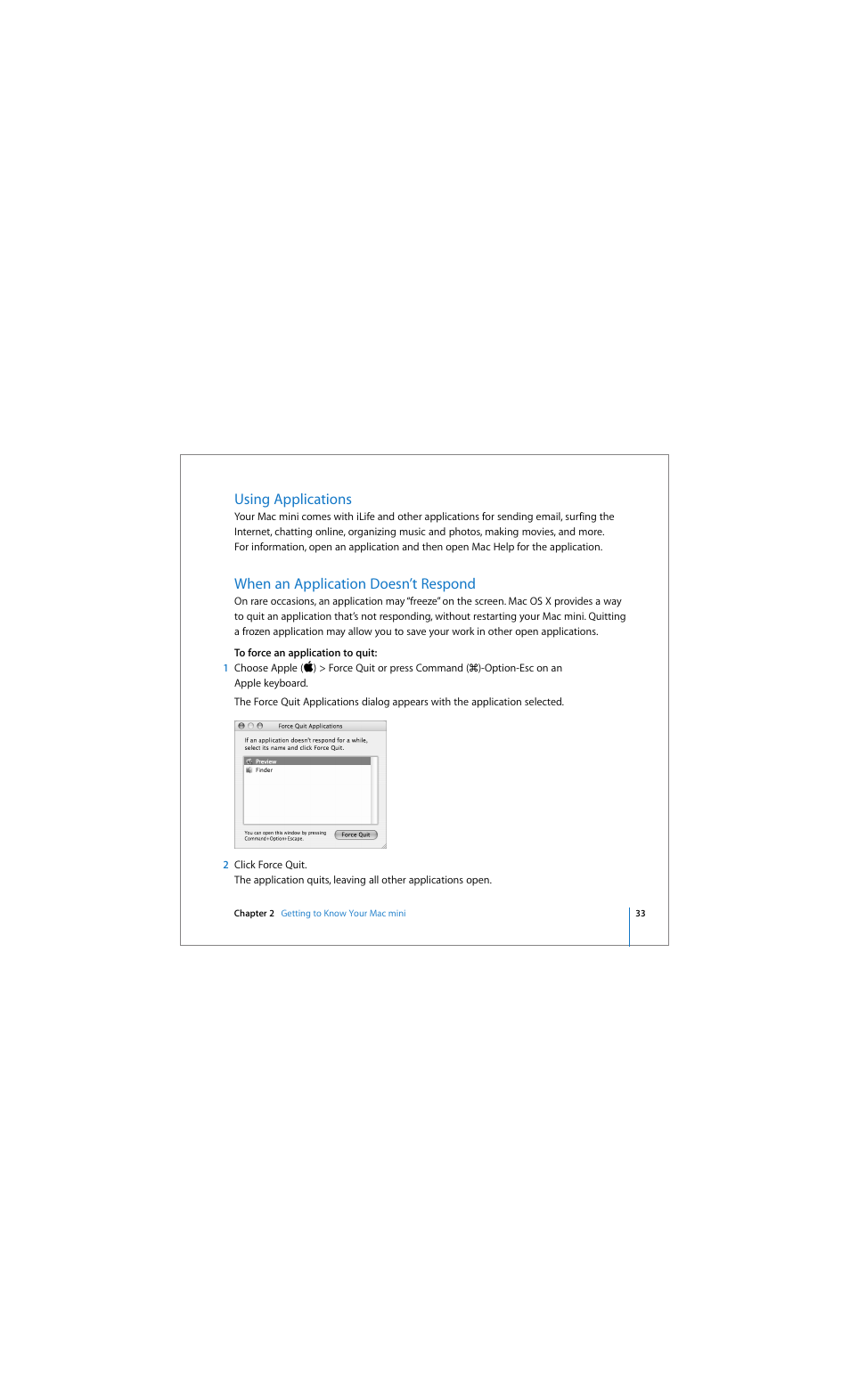 Using applications, When an application doesn’t respond | Apple Mac mini (Early 2006) User Manual | Page 33 / 96