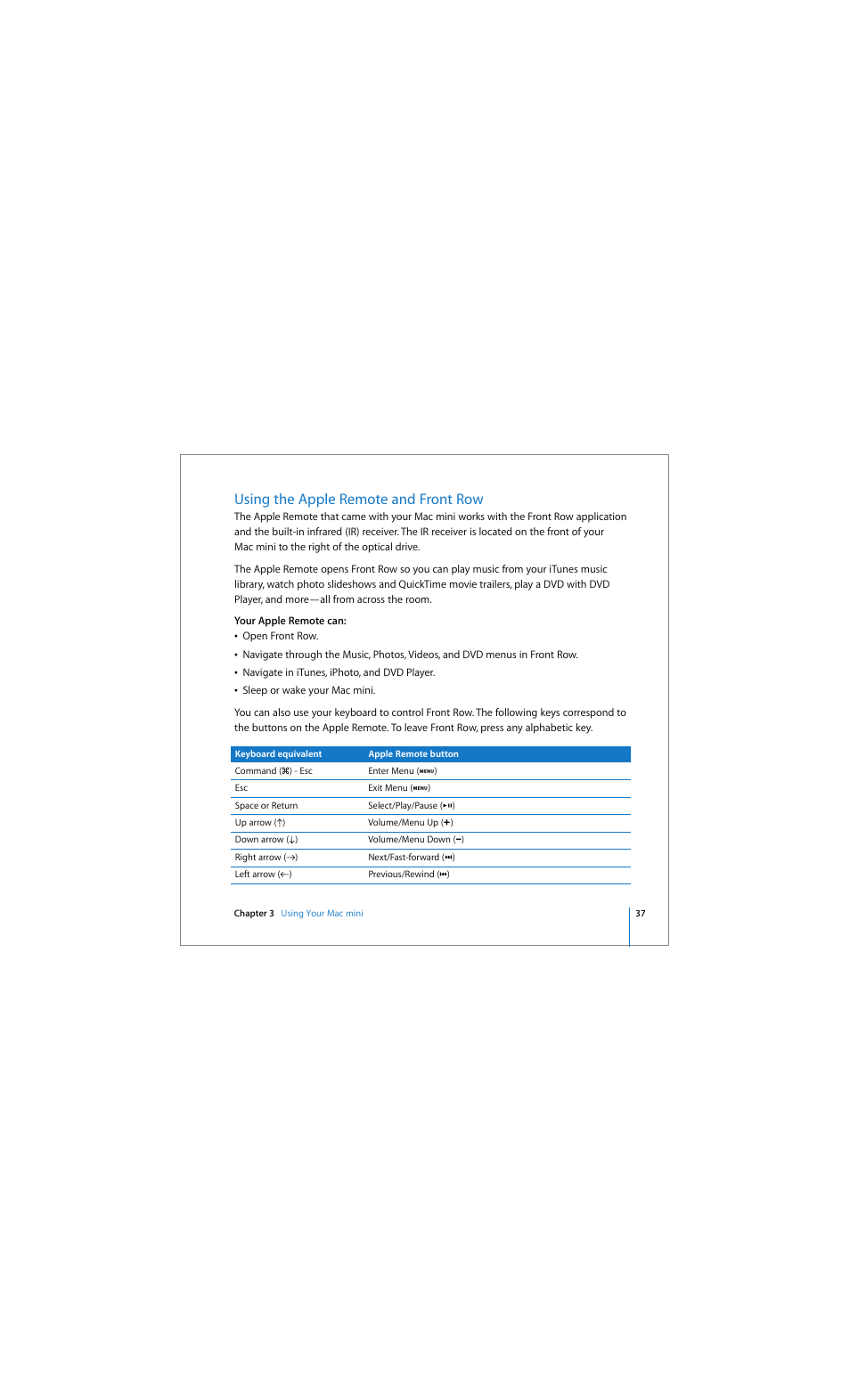 Using the apple remote and front row | Apple Mac mini (Early 2006) User Manual | Page 37 / 96