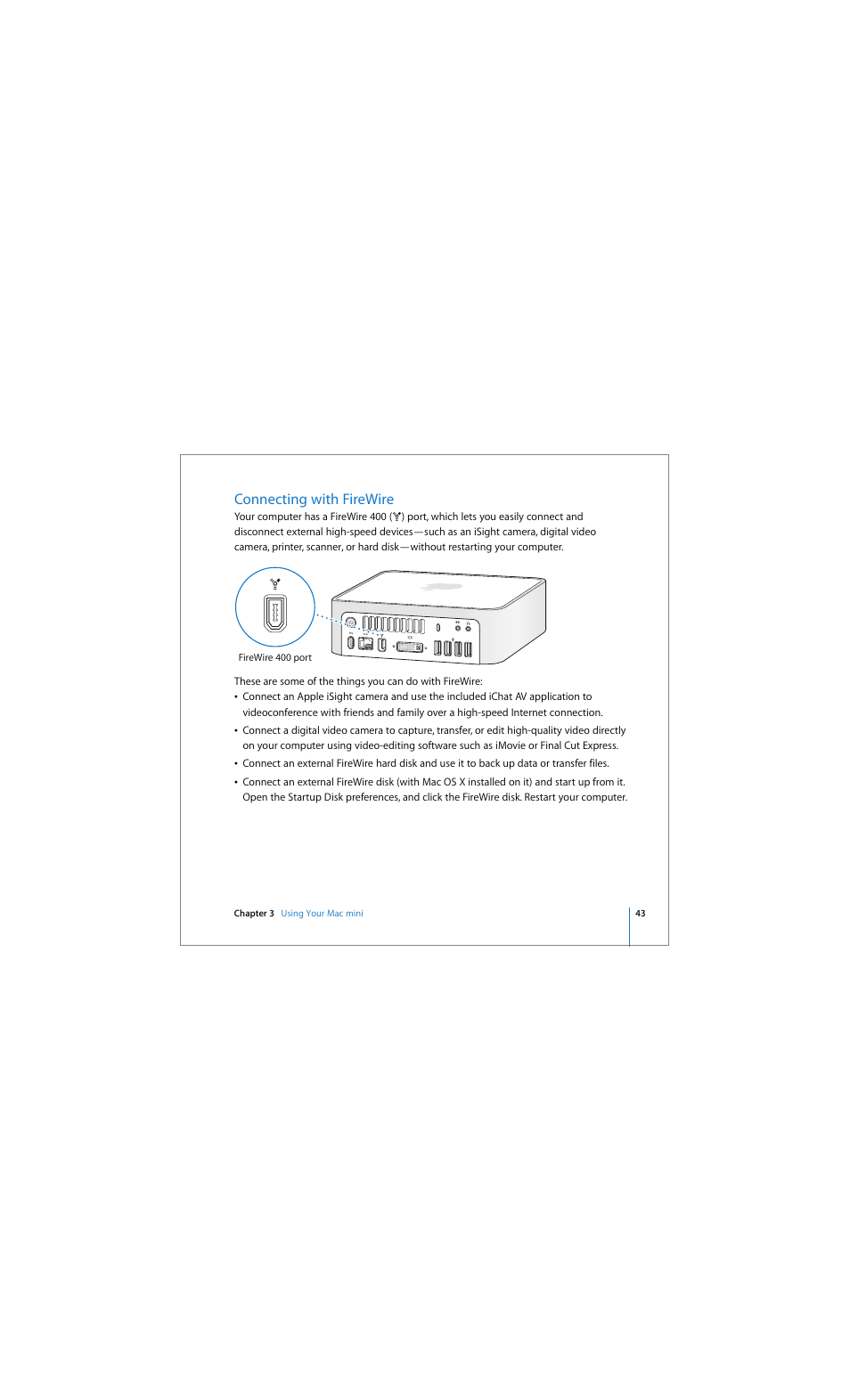 Connecting with firewire | Apple Mac mini (Early 2006) User Manual | Page 43 / 96