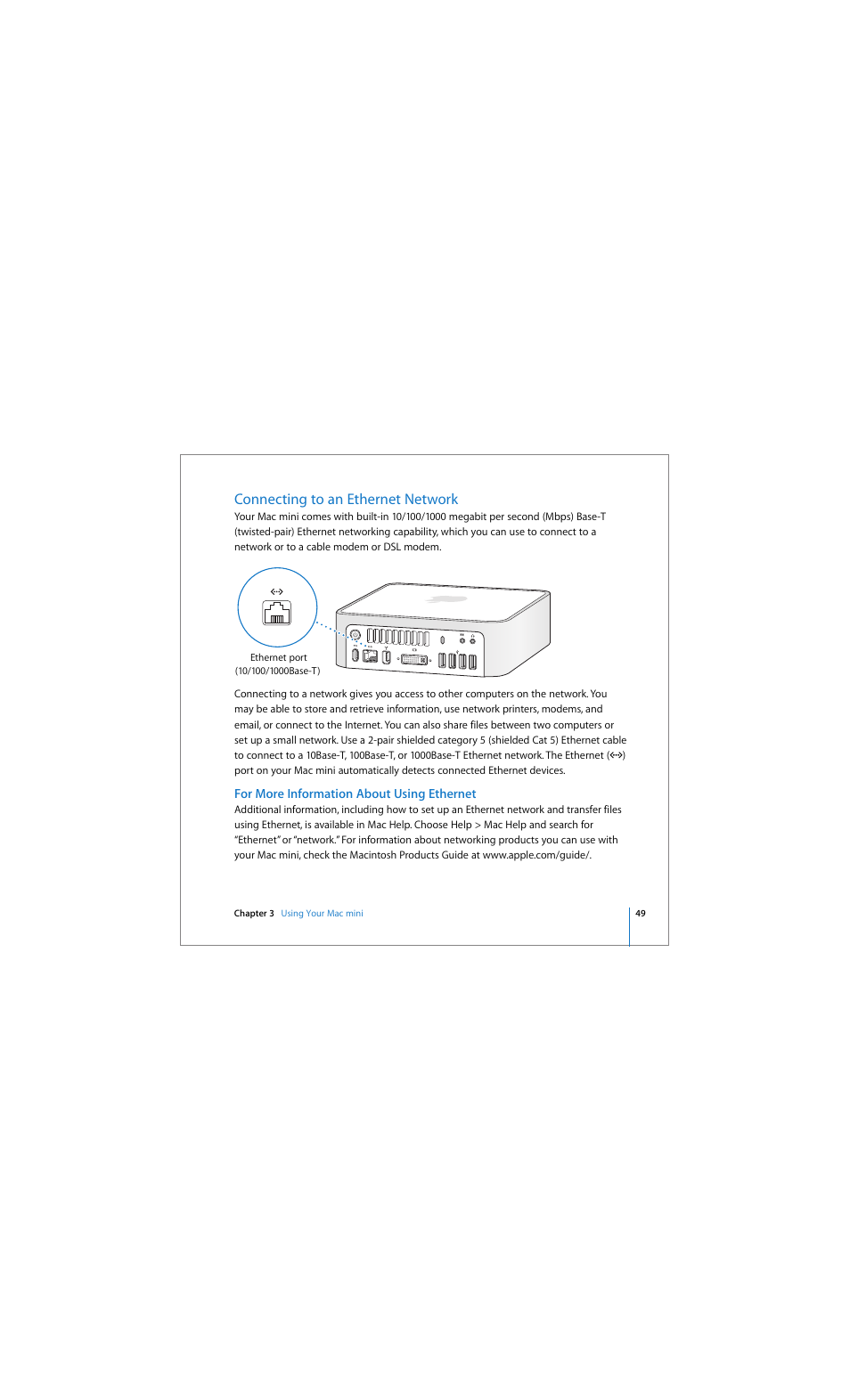 Connecting to an ethernet network | Apple Mac mini (Early 2006) User Manual | Page 49 / 96