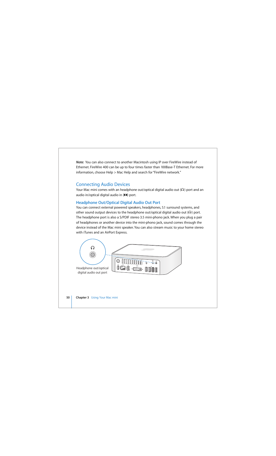 Connecting audio devices | Apple Mac mini (Early 2006) User Manual | Page 50 / 96