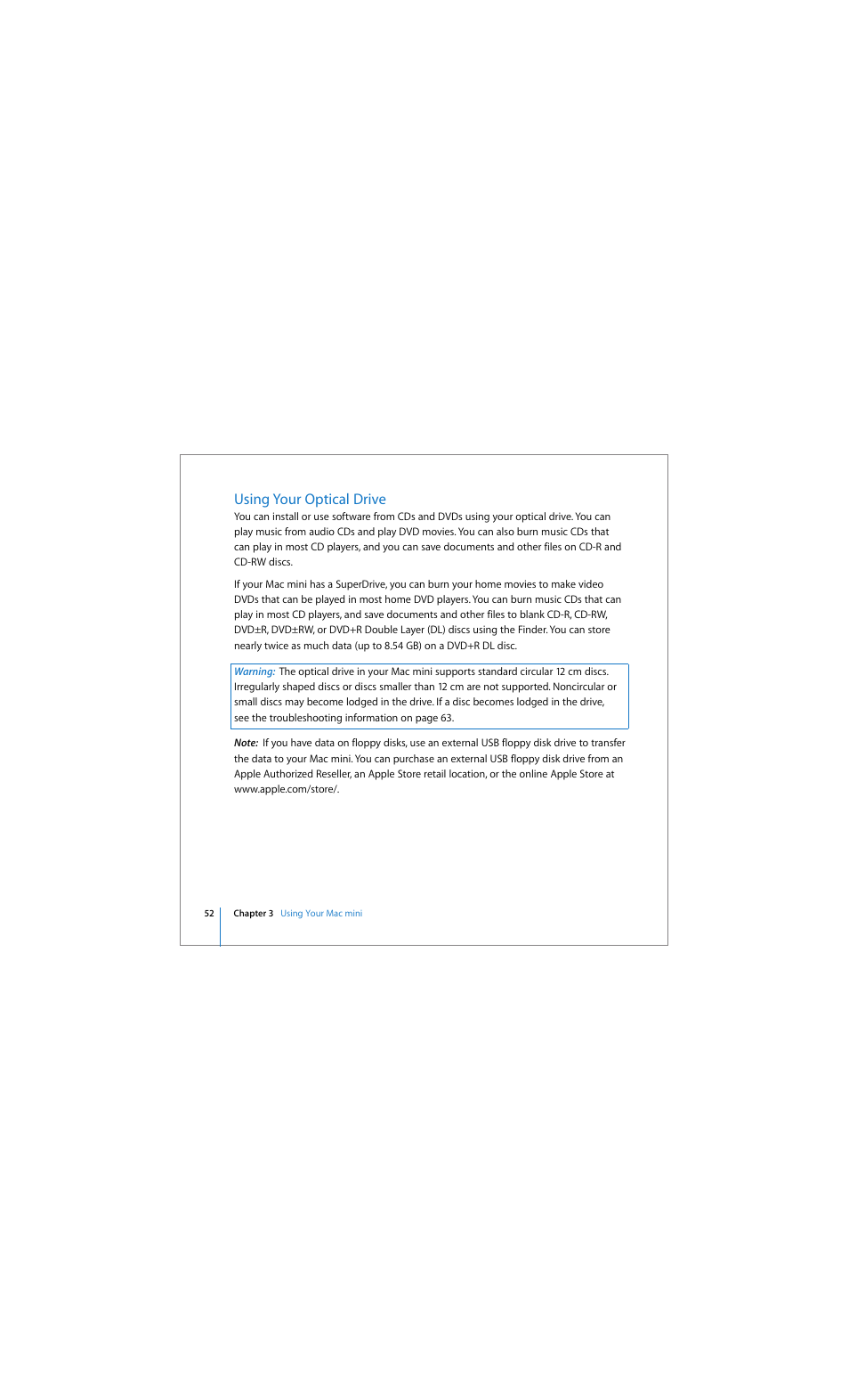 Using your optical drive | Apple Mac mini (Early 2006) User Manual | Page 52 / 96