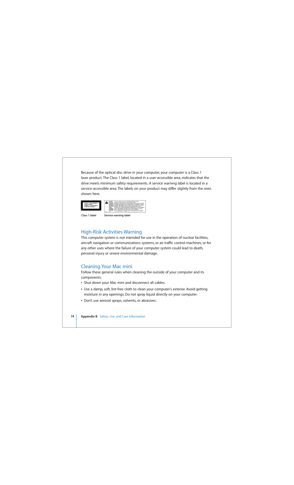 High-risk activities warning, Cleaning your mac mini | Apple Mac mini (Early 2006) User Manual | Page 74 / 96