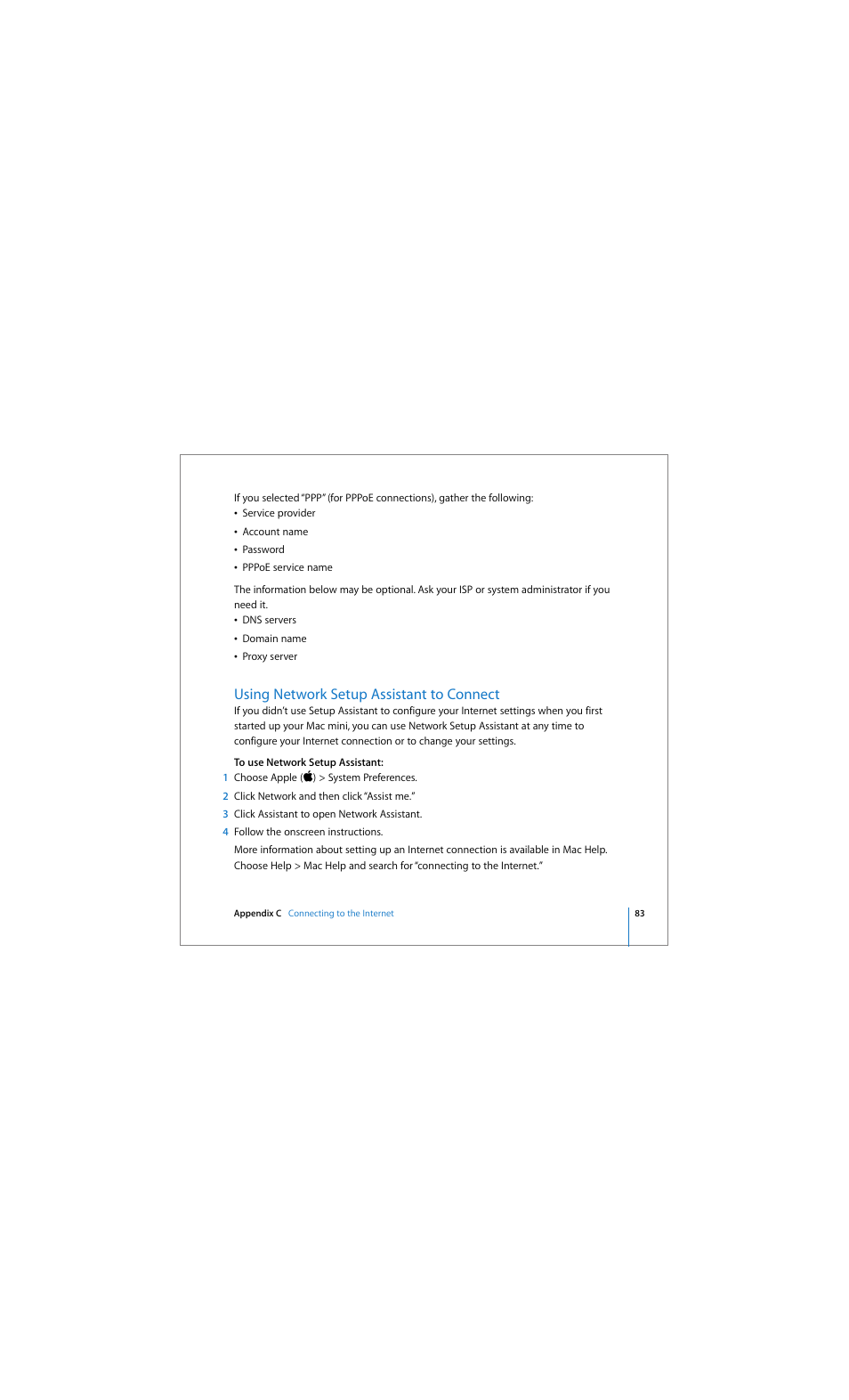 Using network setup assistant to connect | Apple Mac mini (Early 2006) User Manual | Page 83 / 96