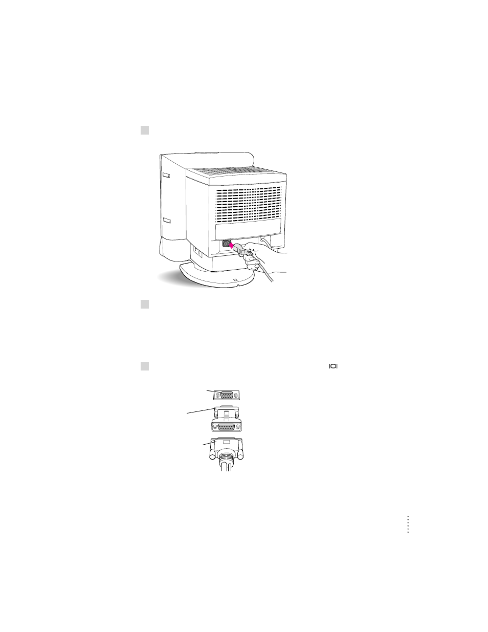 Connecting the power cord, Connecting the display cable | Apple AppleVision 1710AV User Manual | Page 118 / 156