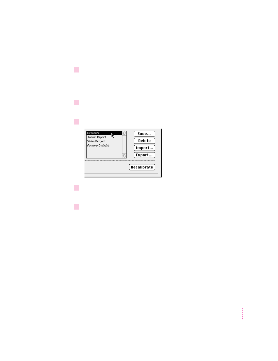 Importing and exporting colorsync profiles, Deleting a setting | Apple AppleVision 1710AV User Manual | Page 74 / 156