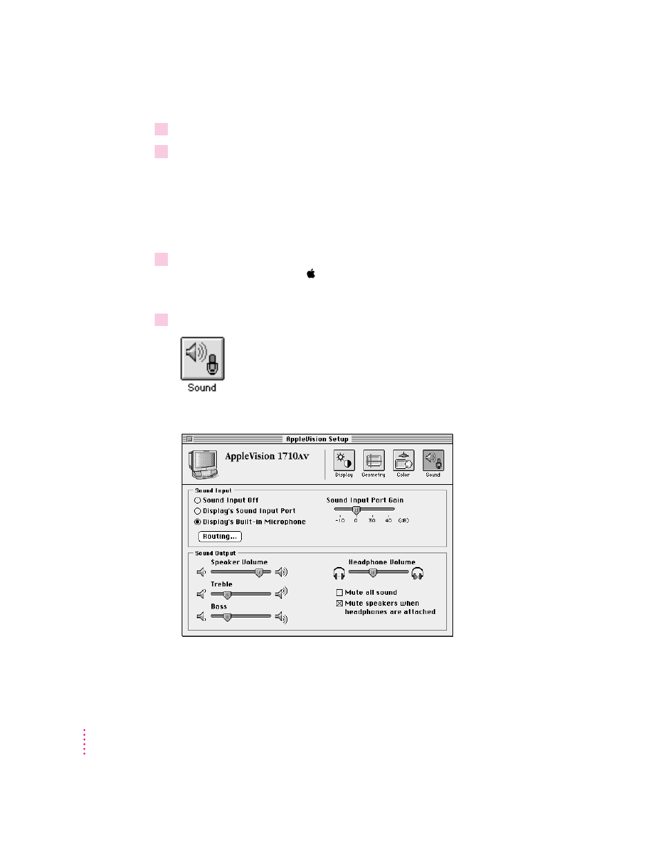 Selecting a sound input source for the display | Apple AppleVision 1710AV User Manual | Page 79 / 156