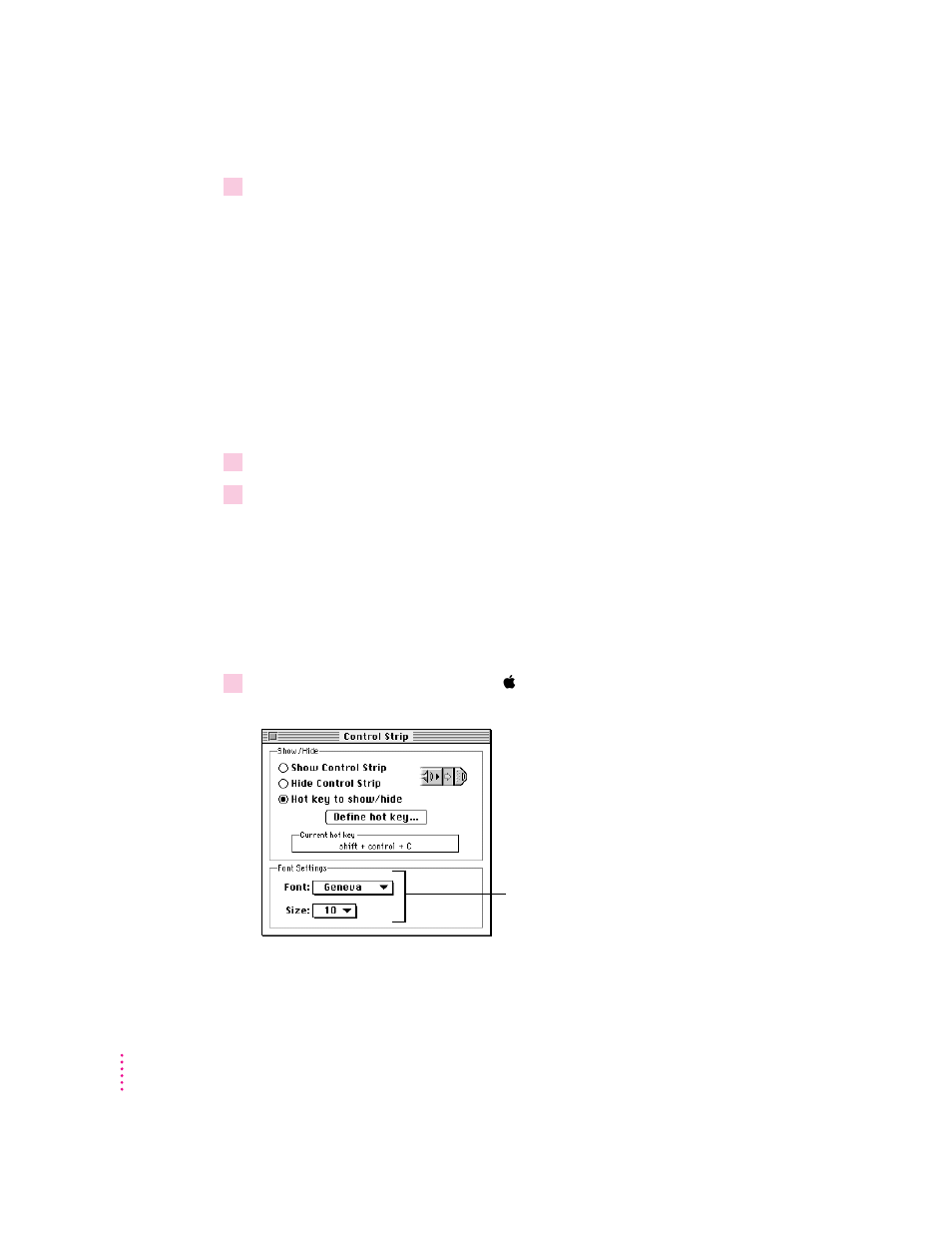 Customizing the control strip, Rearranging the modules in the control strip, Changing the menu font | Apple AppleVision 1710AV User Manual | Page 97 / 156