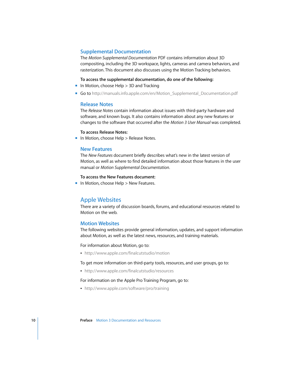 Supplemental documentation, Release notes, New features | Apple websites, Motion websites | Apple Motion 3 User Manual | Page 10 / 1288