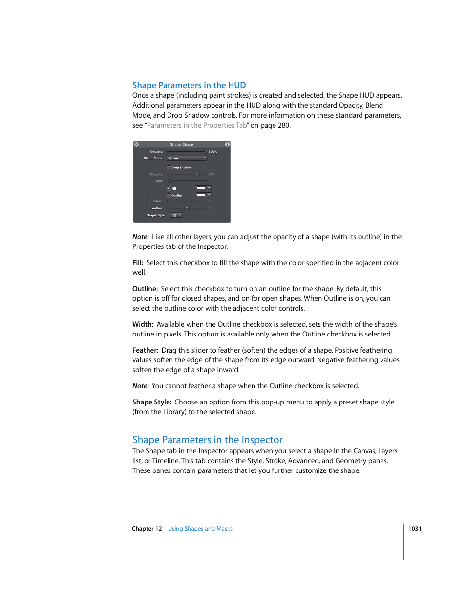 Shape parameters in the hud, Shape parameters in the inspector | Apple Motion 3 User Manual | Page 1031 / 1288