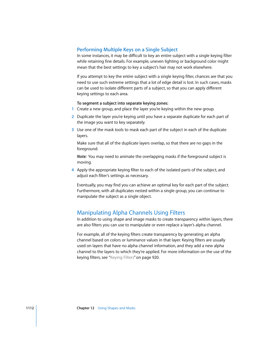 Performing multiple keys on a single subject, Manipulating alpha channels using filters | Apple Motion 3 User Manual | Page 1112 / 1288