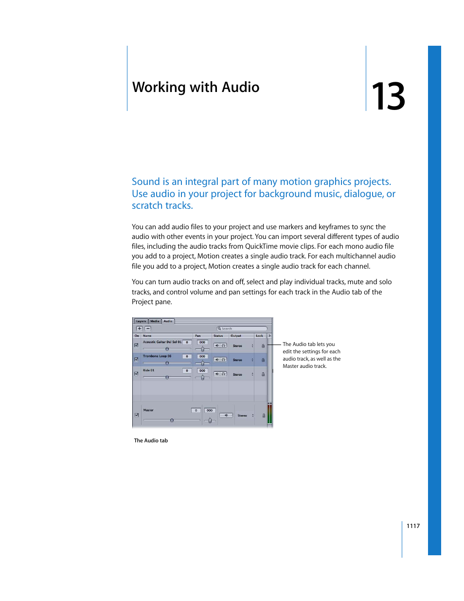 Working with audio, Chapter 13, Working | With audio, See chapter 13 | Apple Motion 3 User Manual | Page 1117 / 1288