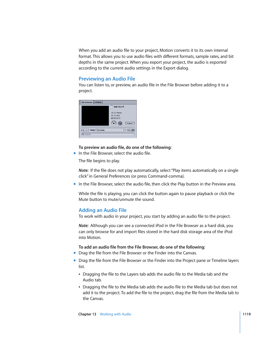 Previewing an audio file, Adding an audio file | Apple Motion 3 User Manual | Page 1119 / 1288