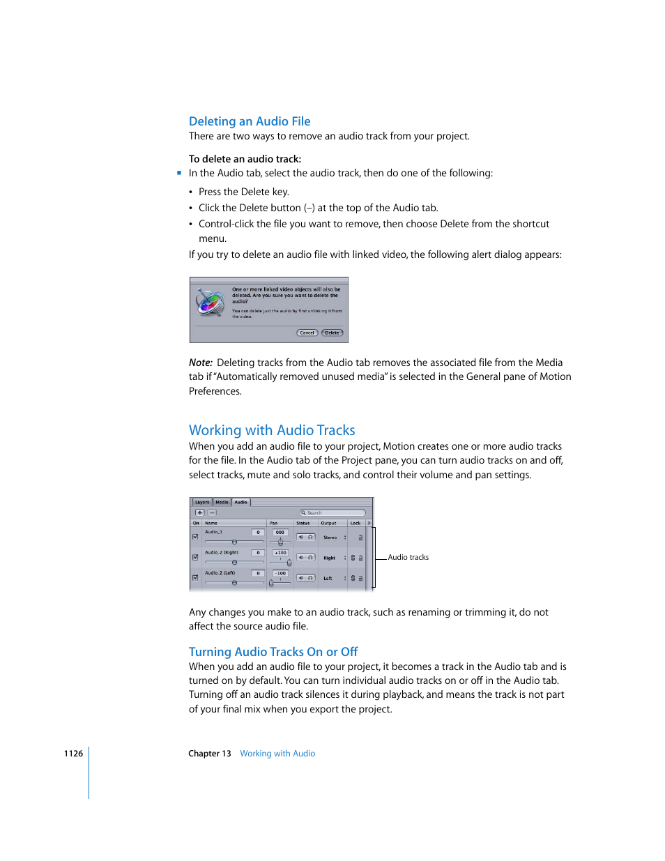 Deleting an audio file, Working with audio tracks, Turning audio tracks on or off | Apple Motion 3 User Manual | Page 1126 / 1288