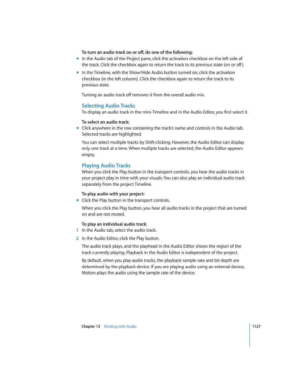Selecting audio tracks, Playing audio tracks | Apple Motion 3 User Manual | Page 1127 / 1288
