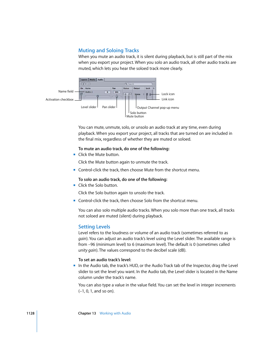 Muting and soloing tracks, Setting levels | Apple Motion 3 User Manual | Page 1128 / 1288