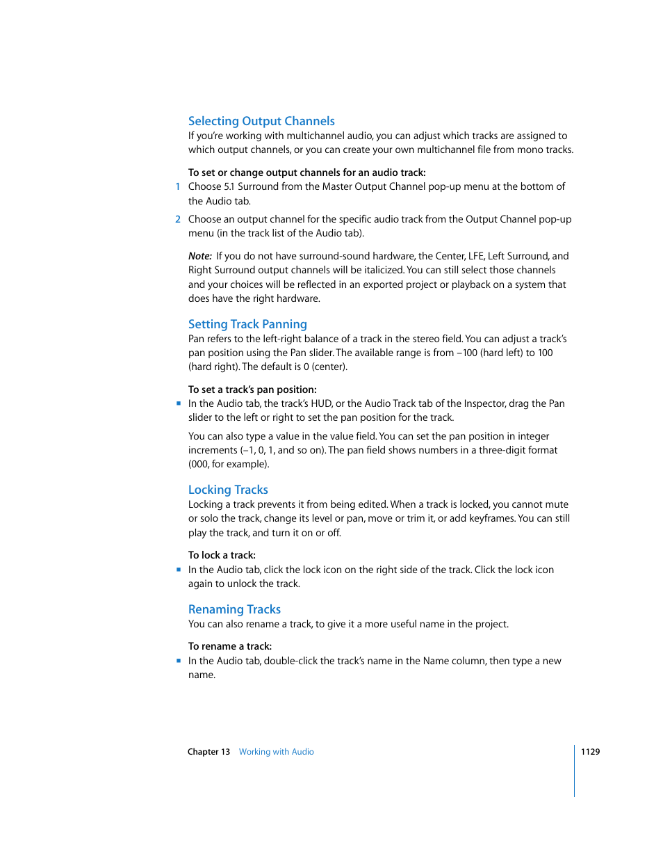 Selecting output channels, Setting track panning, Locking tracks | Renaming tracks | Apple Motion 3 User Manual | Page 1129 / 1288