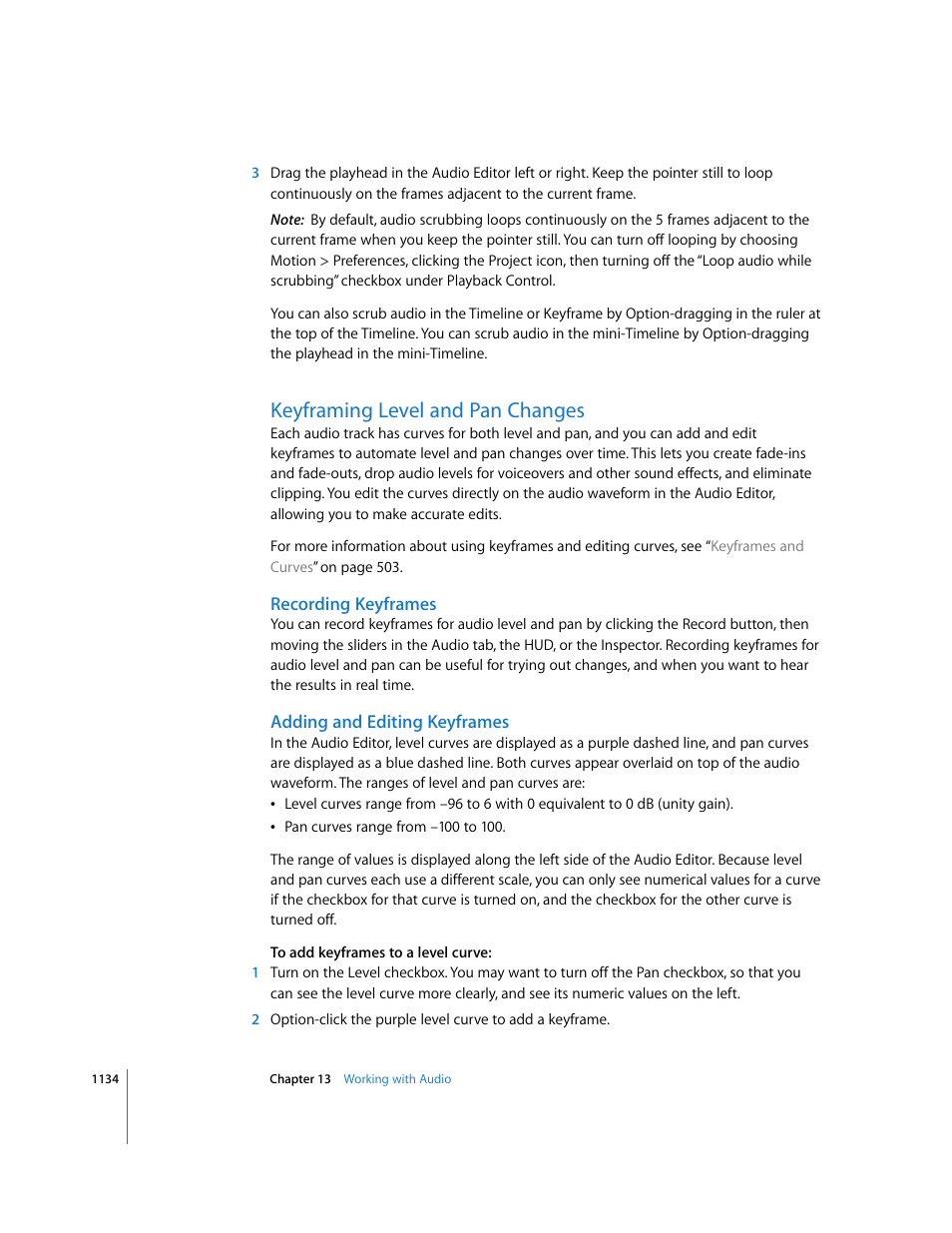 Keyframing level and pan changes, Recording keyframes, Adding and editing keyframes | Apple Motion 3 User Manual | Page 1134 / 1288