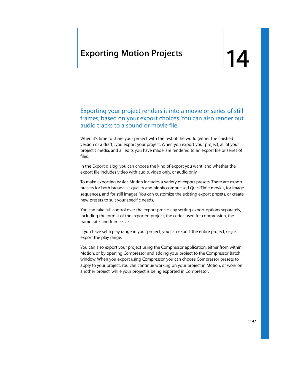 Exporting motion projects, Chapter 14, See chapter 14 | Exporting, Motion projects, Exporting motion, Projects | Apple Motion 3 User Manual | Page 1147 / 1288