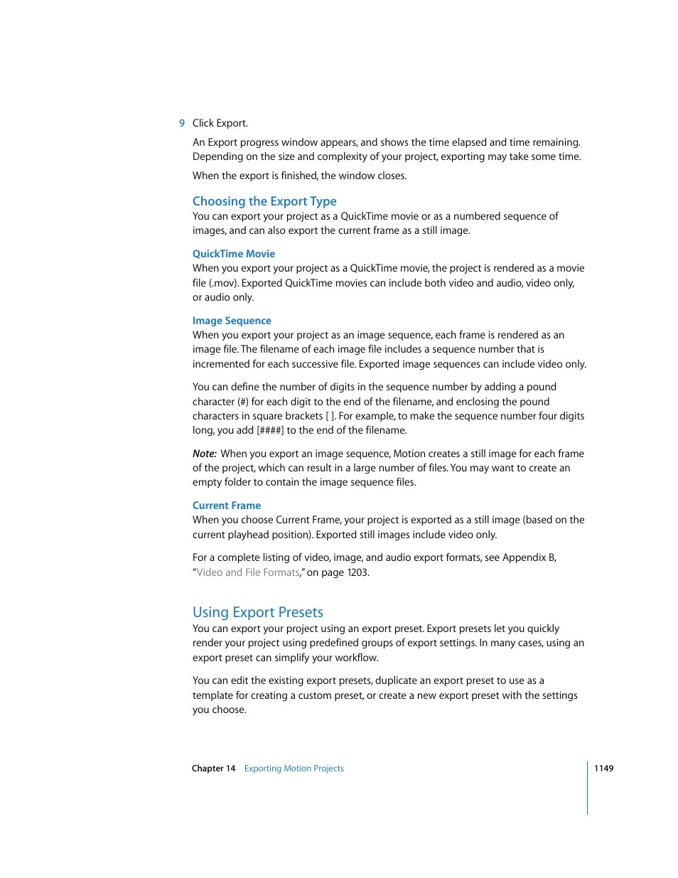 Choosing the export type, Using export presets, Choosing the | Export type | Apple Motion 3 User Manual | Page 1149 / 1288