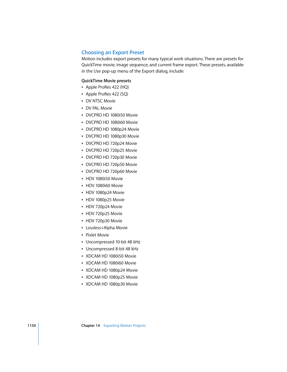 Choosing an export preset | Apple Motion 3 User Manual | Page 1150 / 1288