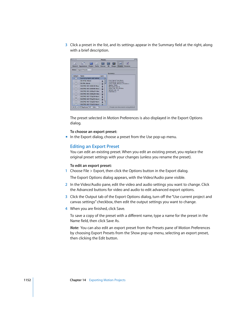 Editing an export preset | Apple Motion 3 User Manual | Page 1152 / 1288