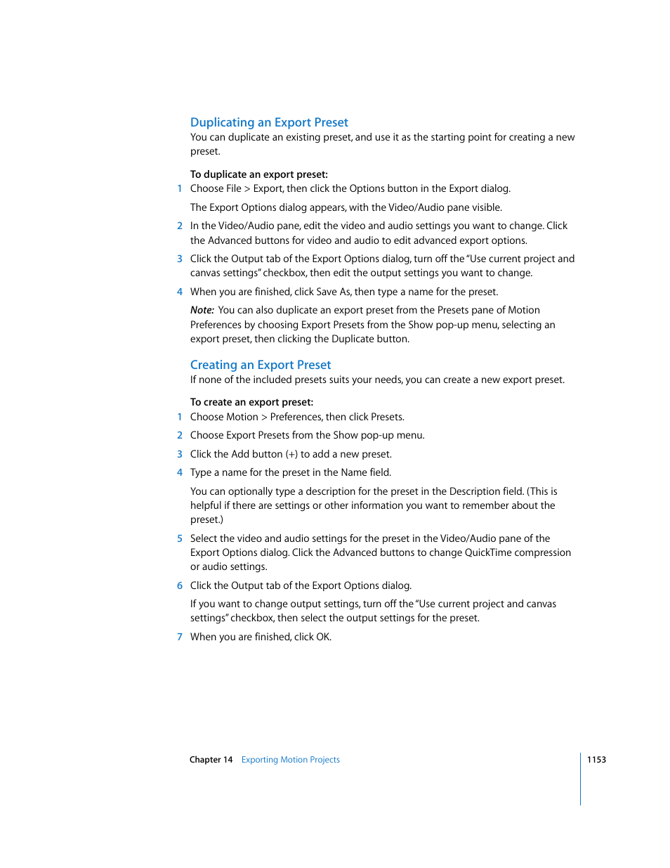 Duplicating an export preset, Creating an export preset | Apple Motion 3 User Manual | Page 1153 / 1288