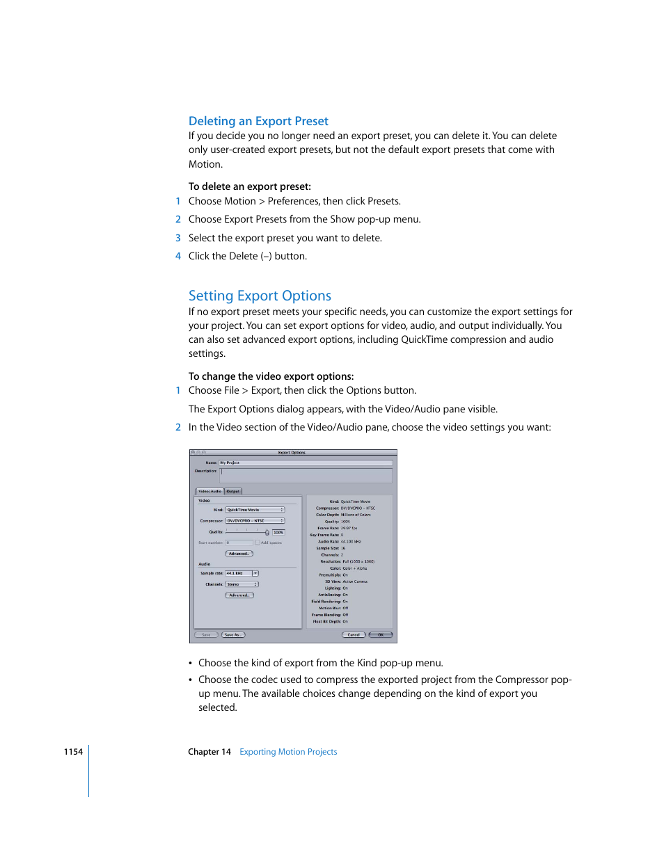 Deleting an export preset, Setting export options | Apple Motion 3 User Manual | Page 1154 / 1288