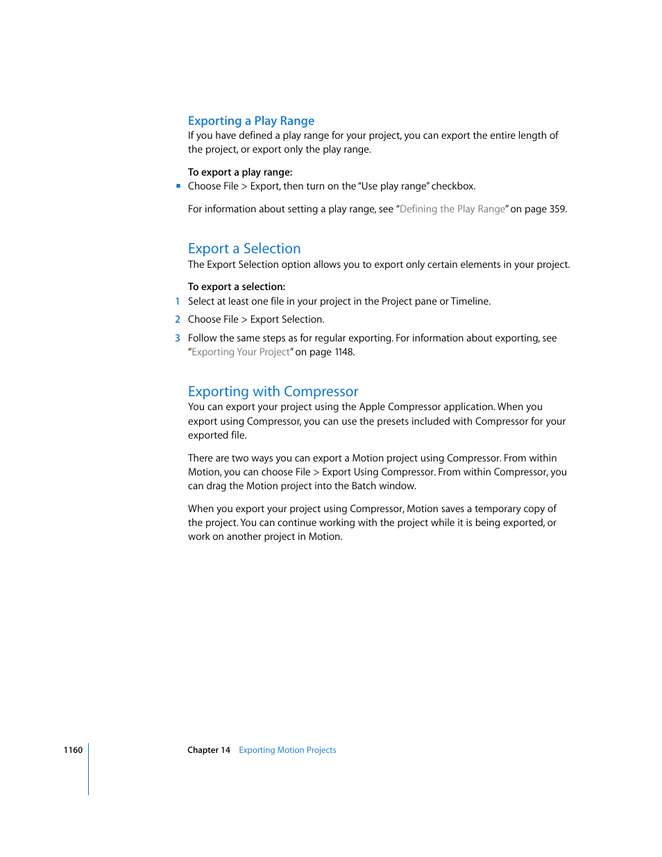 Exporting a play range, Export a selection, Exporting with compressor | Apple Motion 3 User Manual | Page 1160 / 1288