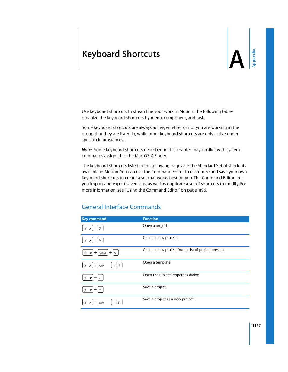 Keyboard shortcuts, General interface commands, Appendix a | See appendix a | Apple Motion 3 User Manual | Page 1167 / 1288
