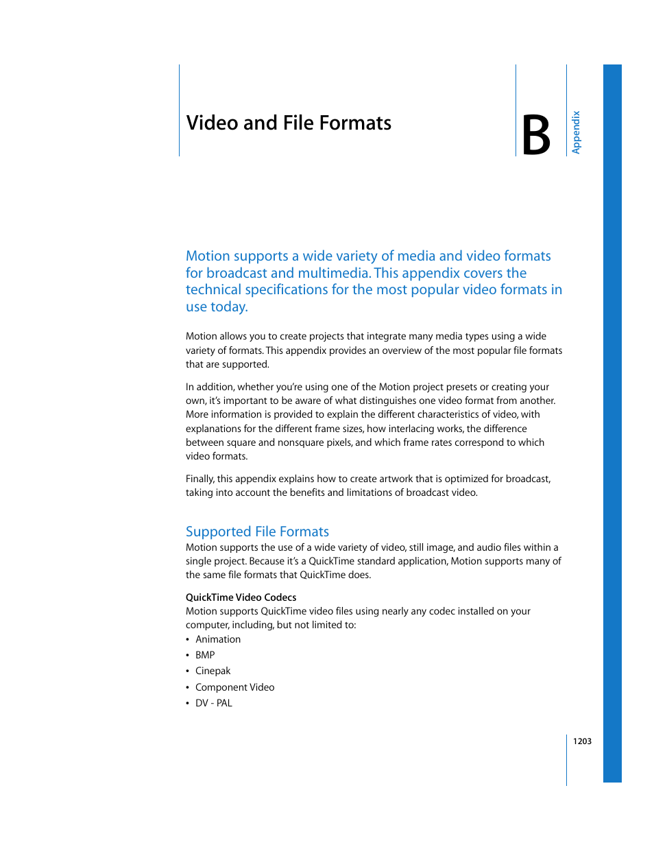 Video and file formats, Supported file formats, Appendix b | Video and file, Formats | Apple Motion 3 User Manual | Page 1203 / 1288