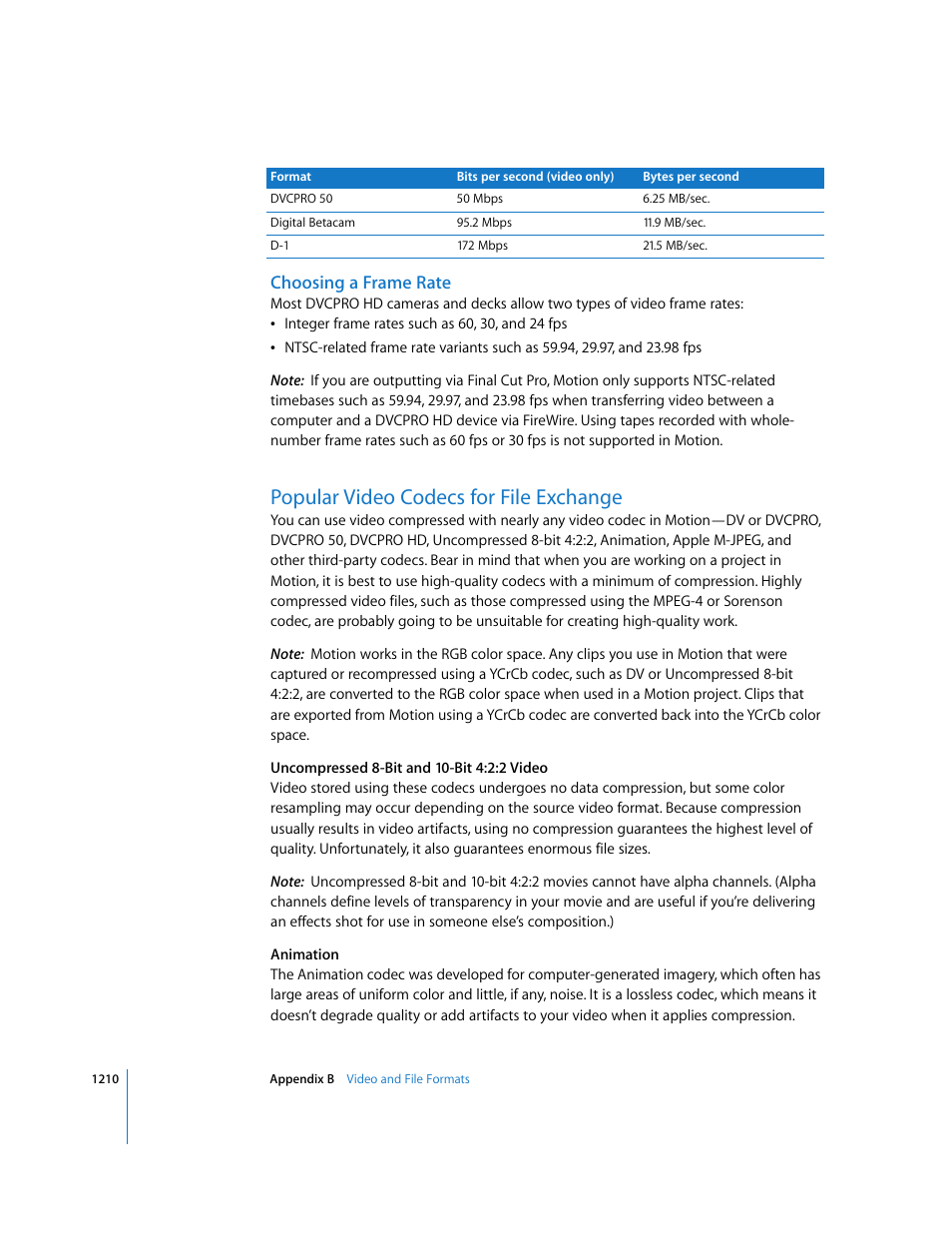 Choosing a frame rate, Popular video codecs for file exchange | Apple Motion 3 User Manual | Page 1210 / 1288