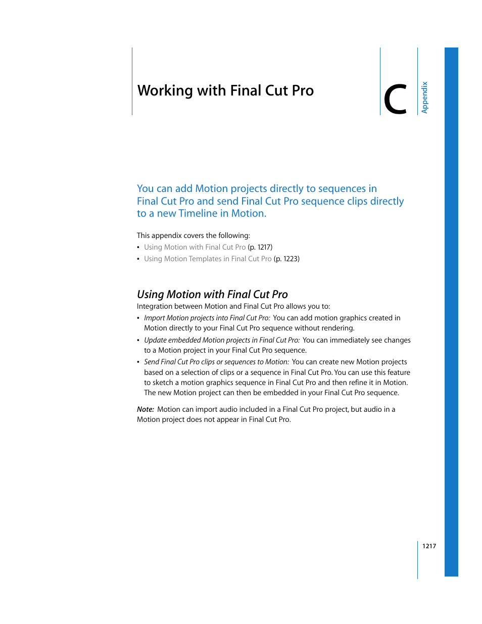 Working with finalcutpro, Using motion with finalcutpro, Appendix c | Working with final cut pro, Using motion with final cut pro | Apple Motion 3 User Manual | Page 1217 / 1288