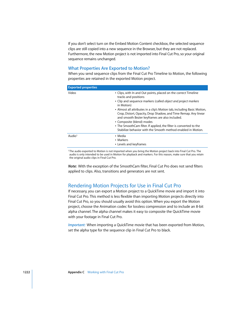 What properties are exported to motion, Rendering motion projects for use in finalcutpro, Rendering motion projects for use in final cut pro | Apple Motion 3 User Manual | Page 1222 / 1288